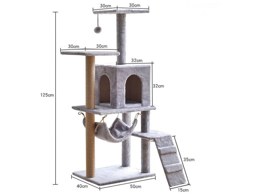 Multi-Level Cat Tower With Hammock Cats Tree Scratching Posts and Interactive Toy