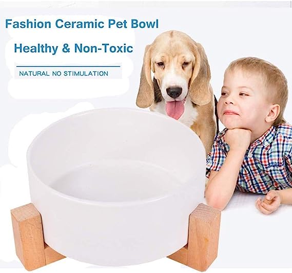 Pet bowl Ceramic Round Dog and cat Bowl-Durable Ceramic Food Water Overhead with Wooden Stand