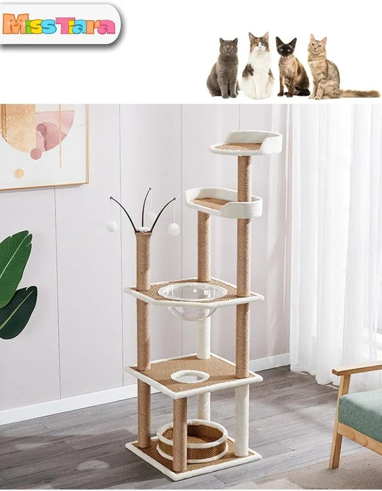 Miss Tiara Cat Tree for Indoor Cats Cat Tree House Tower Sisal Rope Scratching Post Pet Climber Scratcher with Hanging Toy for Adult Cat Kitten Indoor Play Sleeping 164cm