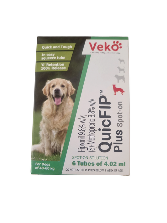 Veko Quicfip Plus Spot On Solution for Ticks and Fleas - for 40-60 Kg Dog (1 Tube of 4.02 Ml