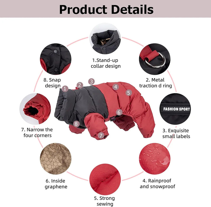 winter Dog Coat with Stand Collar,Windproof Waterproof Warm Dog Jacket for Cold Weather,red