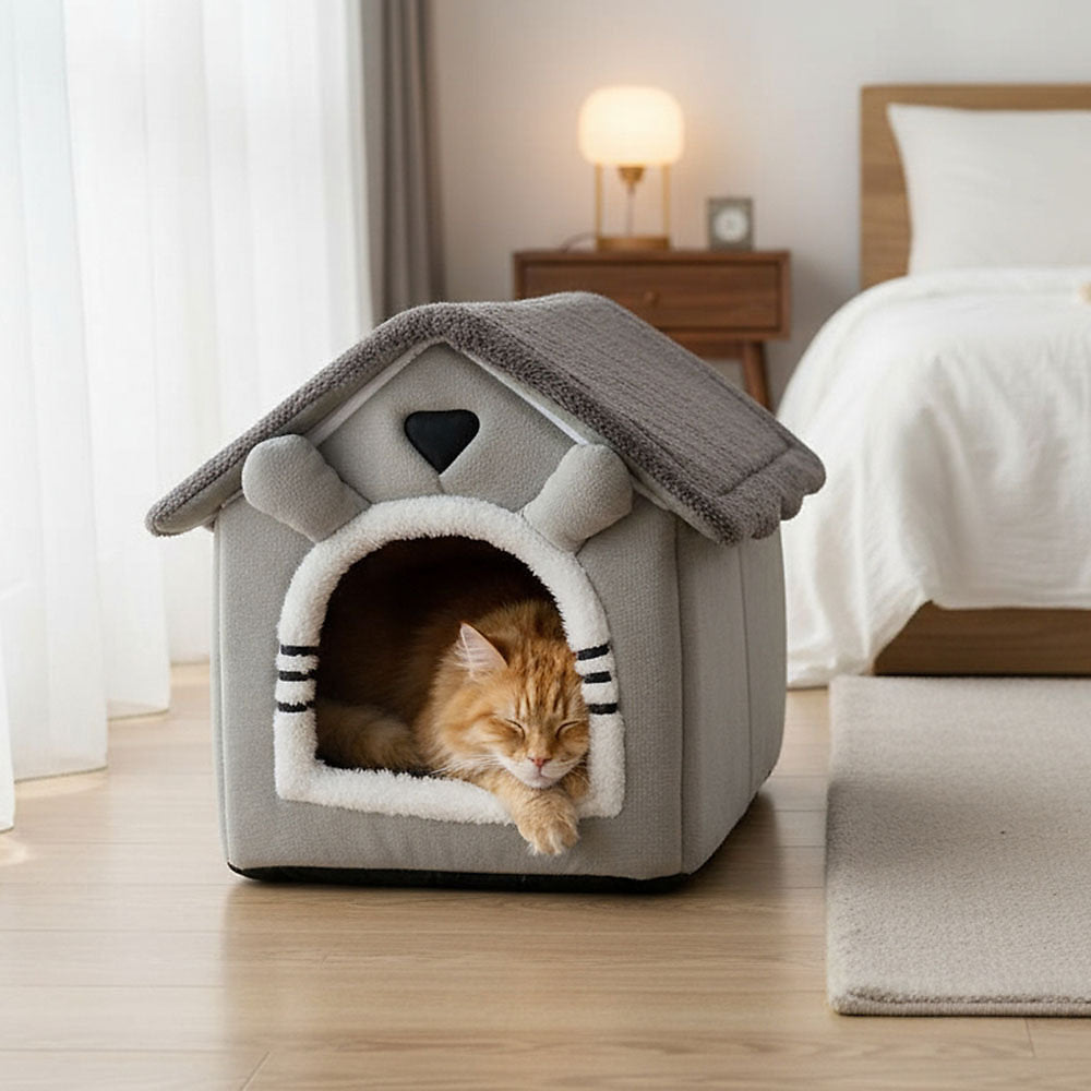 Grey Washable Soft Pet House with Non-Slip Bottom, 40cm W x 45cm D x 45cm H