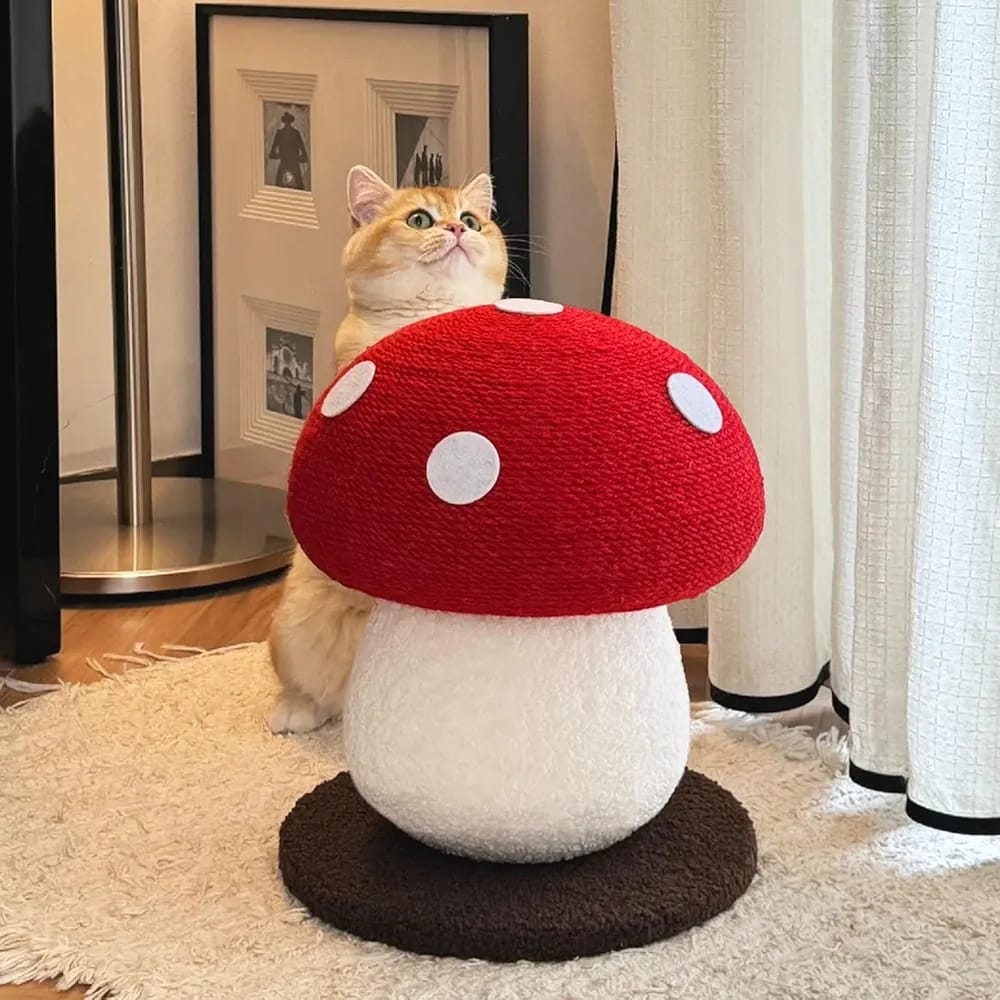 Cute Red Mushroom Design | 13.39" H x 11.02" W | Natural Sisal Rope & Soft Plush | Interactive Hanging Toy for Indoor Cats