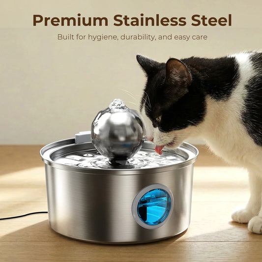 Stainless Steel Cat Water Fountain, 3.2L Pet Water Fountain with Ball,Quiet Dog Water Dispenser with Window for Visualizing The Water Leve