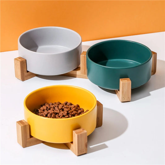 Pet bowl Ceramic Round Dog and cat Bowl-Durable Ceramic Food Water Overhead with Wooden Stand