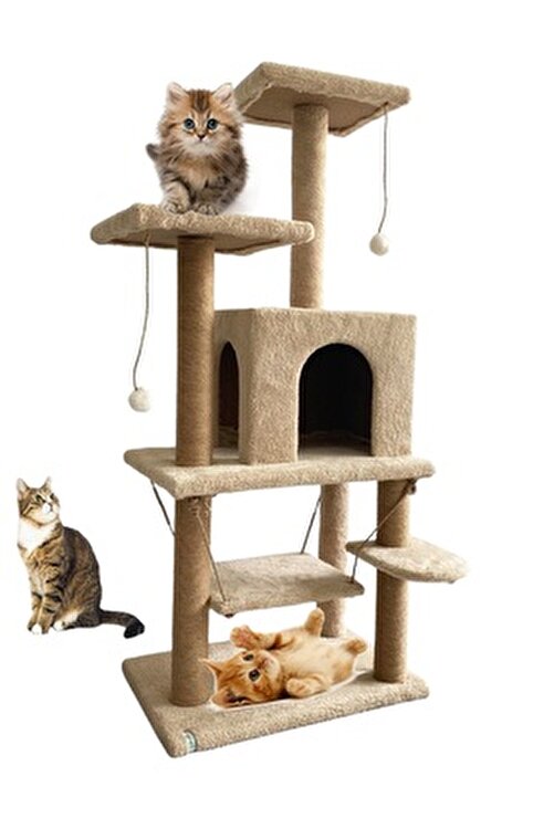 Luxury Cat Scratching Play House with Swing and Nest-Beige