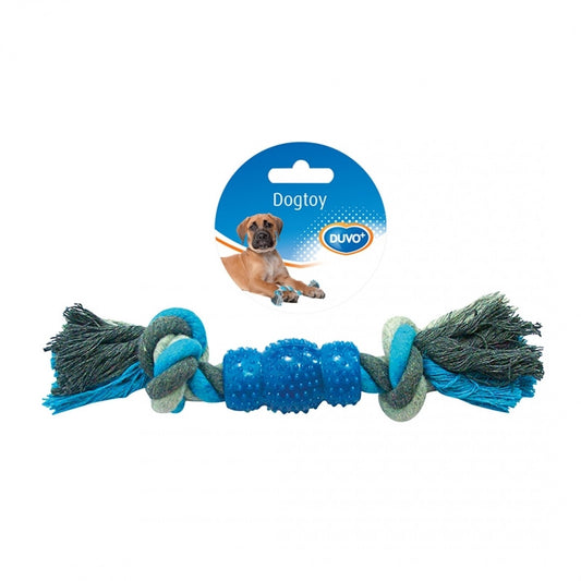 Dogtoy tug toy knotted cotton 2 knots rubber 23 cm grey/blue