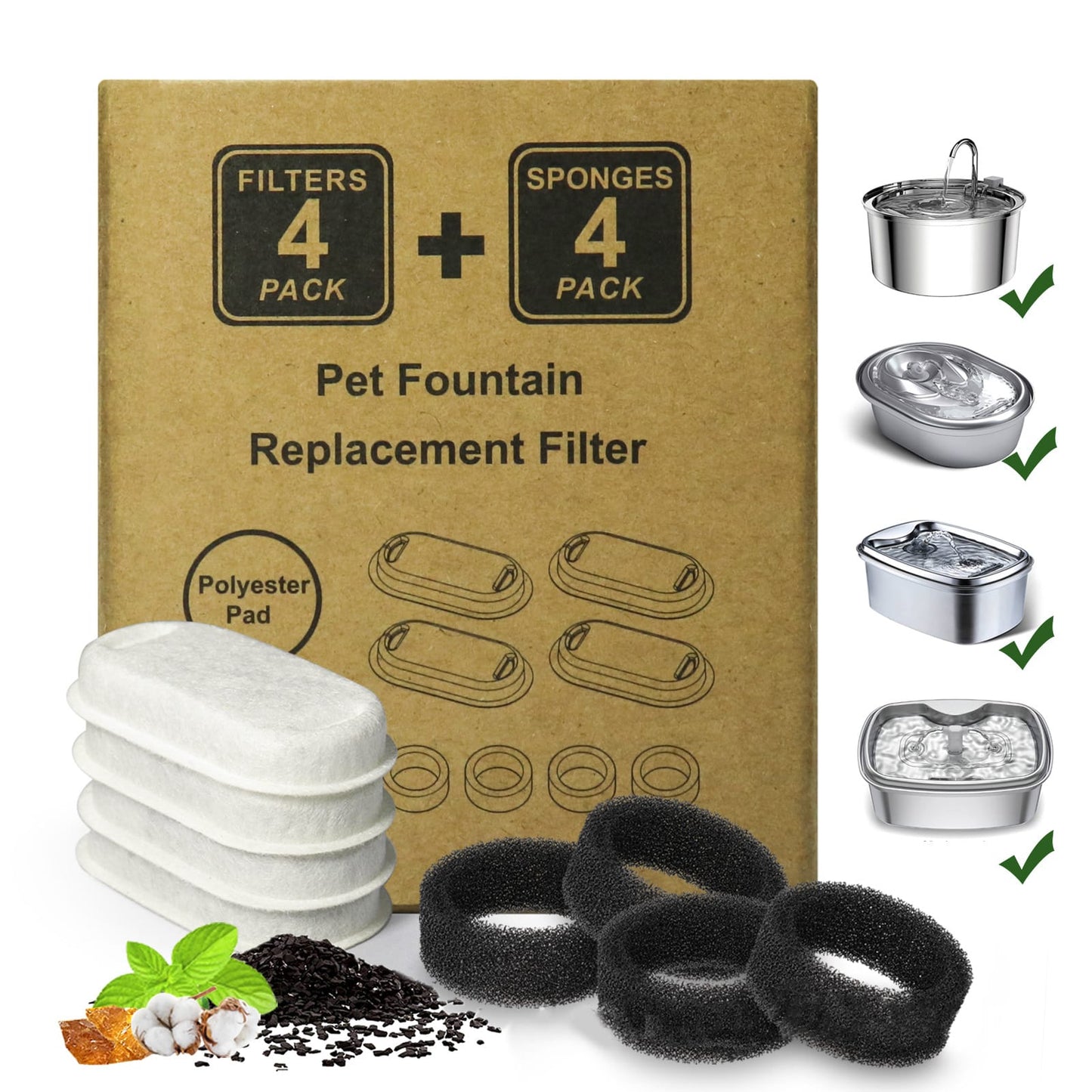 Cat Water Fountain Filters, 4 Filters+4 Sponge Replacement Filters for 108/3.2L and 67oz/2LStainless Steel Pet Water Dispenser for Dog (4 Sets