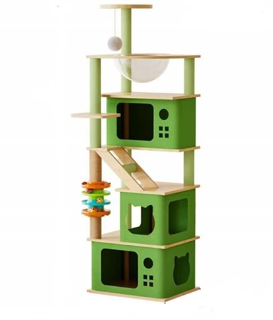 Modern Multi-Level Cat Tree Tower, Green and Natural Wood, with Climbing Posts, Hammock and Play Areas