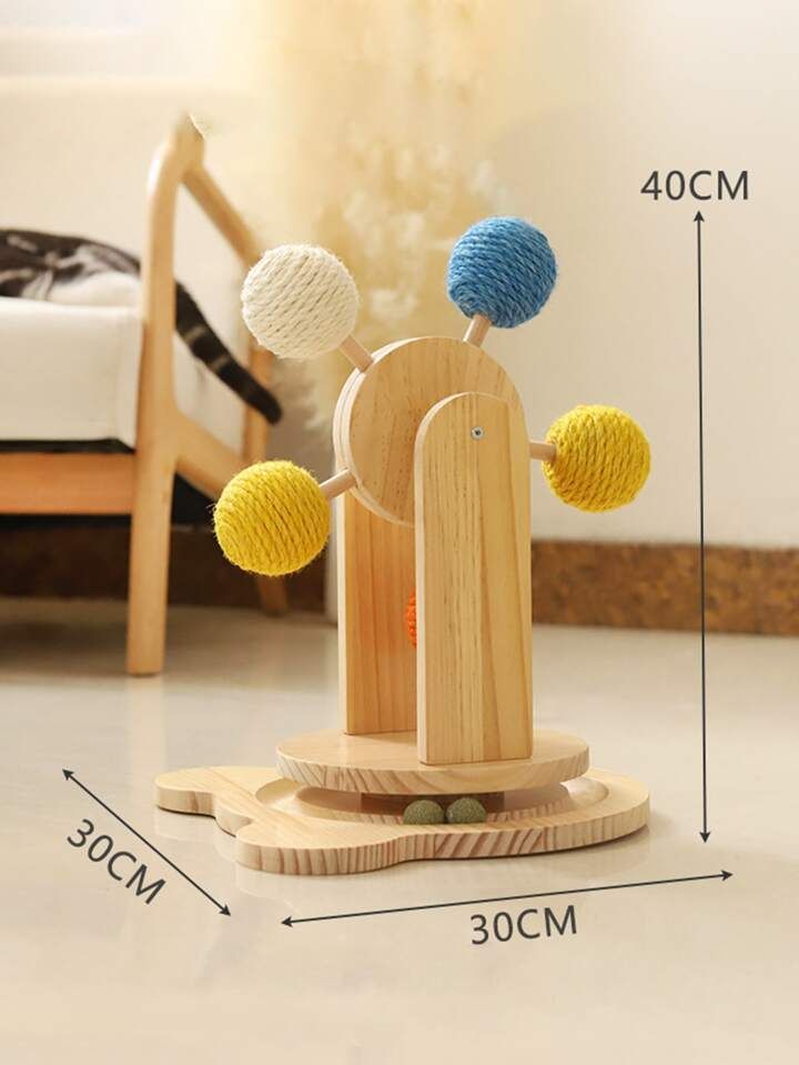Self-Entertaining Scratching Ball, Adhesive Patch for Secure Setup, Durable Wood Turntable Base