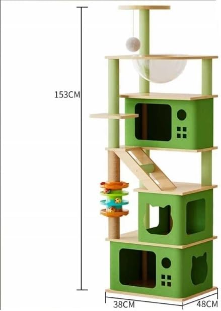 Modern Multi-Level Cat Tree Tower, Green and Natural Wood, with Climbing Posts, Hammock and Play Areas