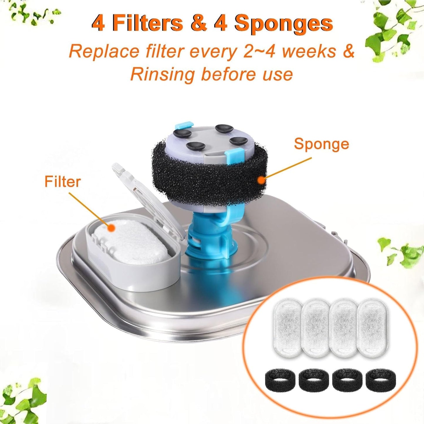 Cat Water Fountain Filters, 4 Filters+4 Sponge Replacement Filters for 108/3.2L and 67oz/2LStainless Steel Pet Water Dispenser for Dog (4 Sets