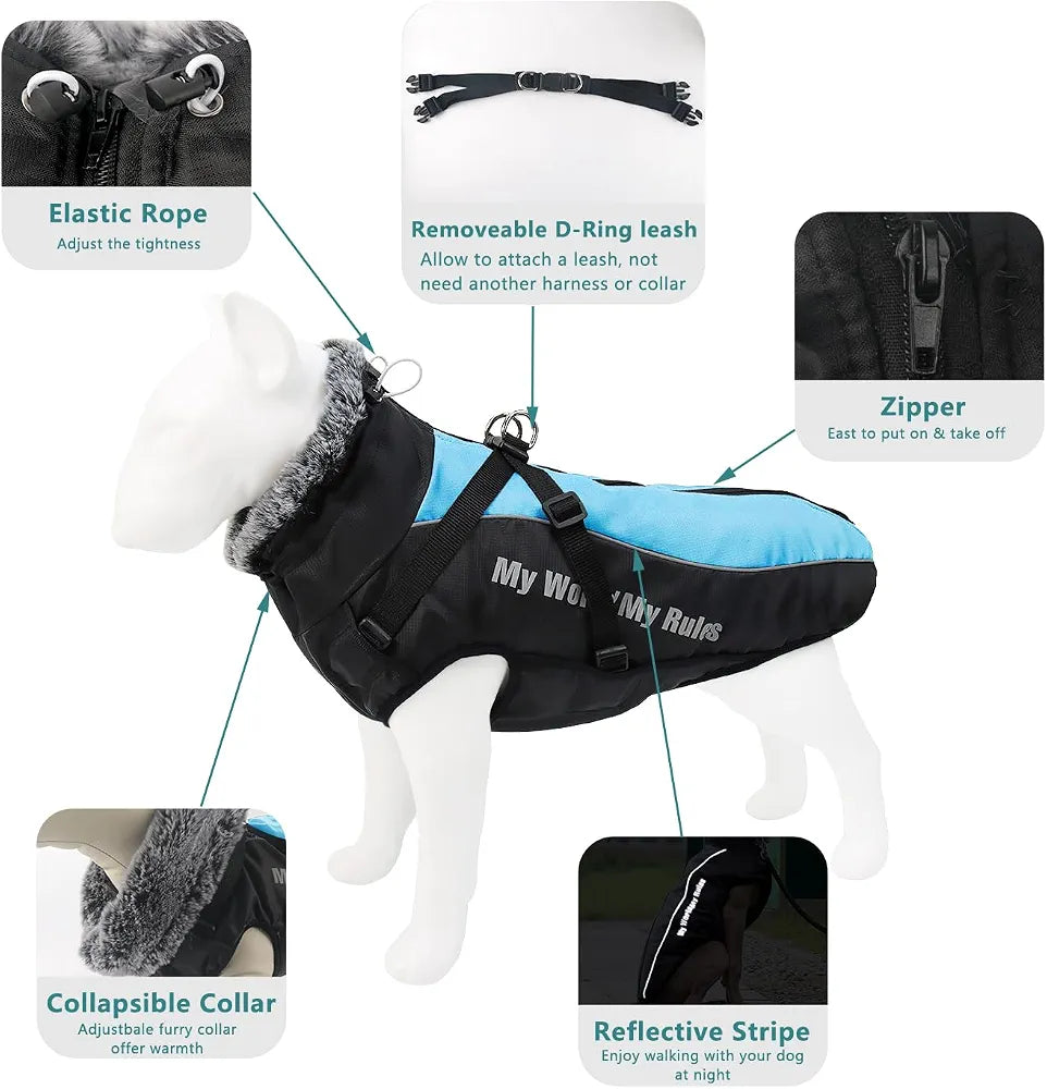 Dog Winter Coat Waterproof Pet Snow Jacket Reflective Doggy Puffer Vest with Harness Adjustable Furry Coll
