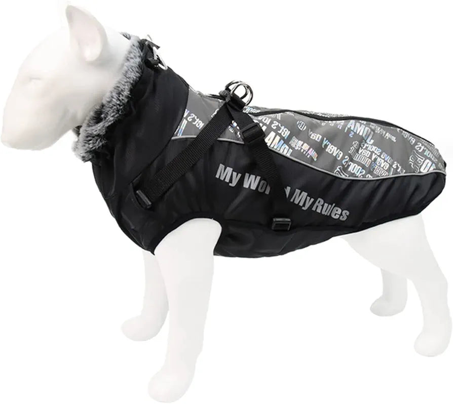 Dog waterproof Winter Jacket with Harness and Fur Collar, Winter Dog Coat