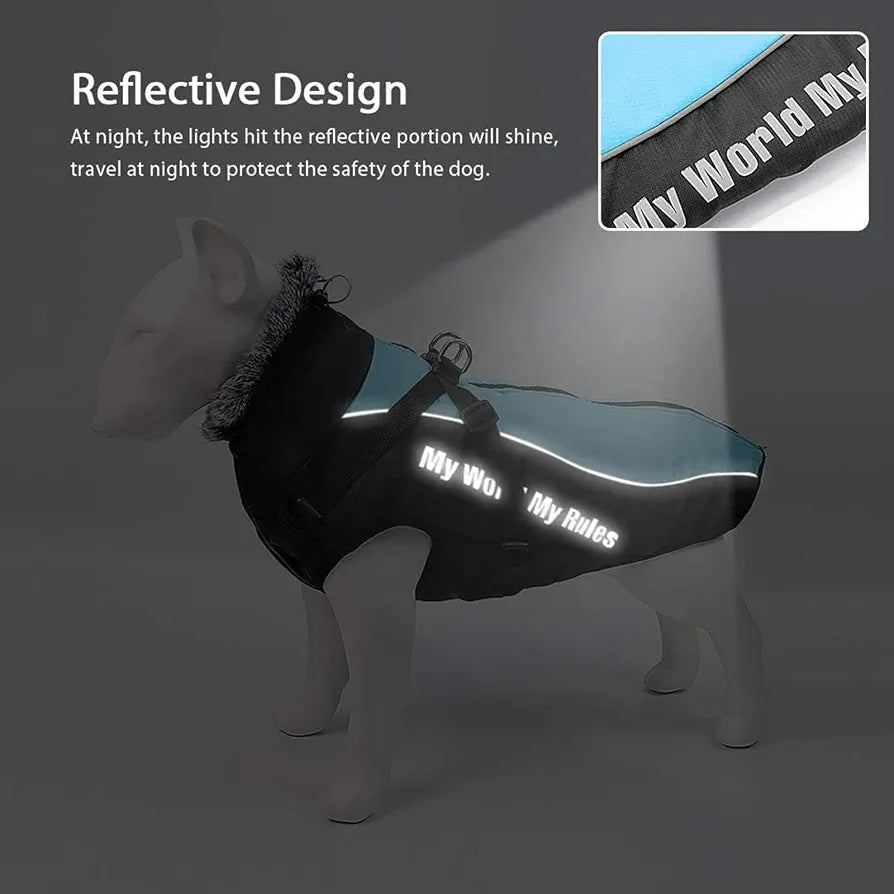 Dog waterproof Winter Jacket with Harness and Fur Collar, Winter Dog Coat