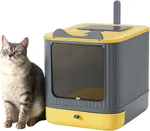 Foldable Enclosed Cat Litter Box with Lid, for Kitten to Medium, Anti-Splash, Easy Clean, Easy Install, Odor Control, 3 Modes for Kitten to Senior, Yellow&Grey