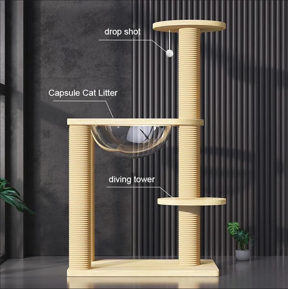 Modern solid wood cat climbing frame, cat tree, cat jumping platform, cat scratching post, with cat toys, suitable for indoor use. (32CM medium)