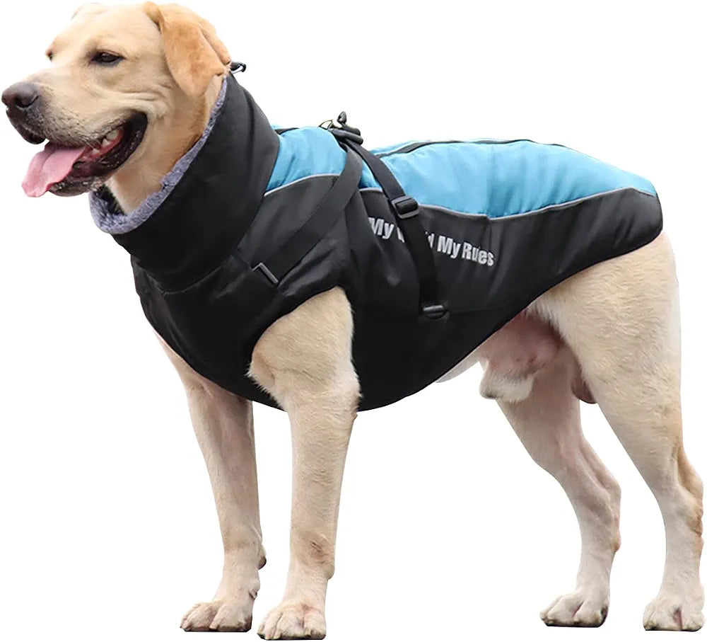 Dog Winter Coat Waterproof Pet Snow Jacket Reflective Doggy Puffer Vest with Harness Adjustable Furry Coll