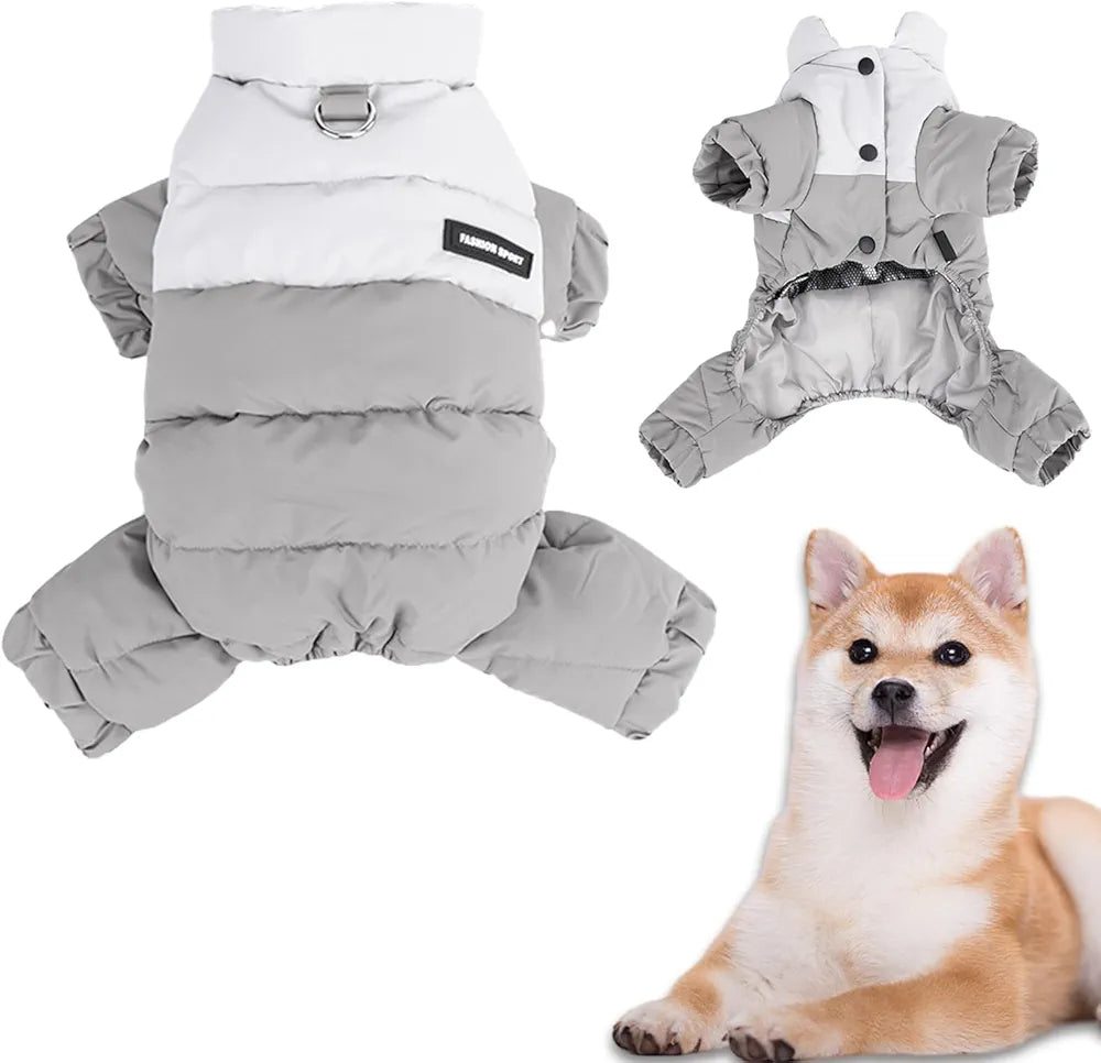 Winter Dog Coat with Stand Collar,Windproof Waterproof Warm Dog Jacket for Cold Weather, Four Legged Pet Snowsuit