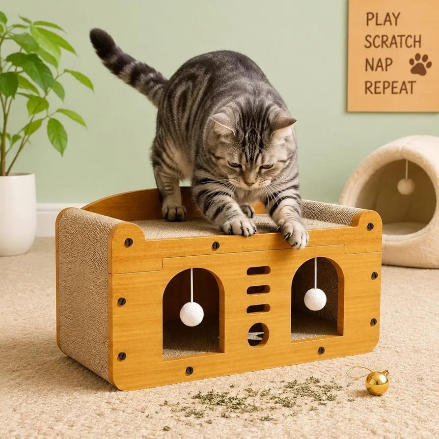 Wooden-Look Feline Scratcher House Hollow Interior Enclosed Feline Bed, 51 Double Door Sofa