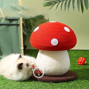 Cute Red Mushroom Design | 13.39" H x 11.02" W | Natural Sisal Rope & Soft Plush | Interactive Hanging Toy for Indoor Cats