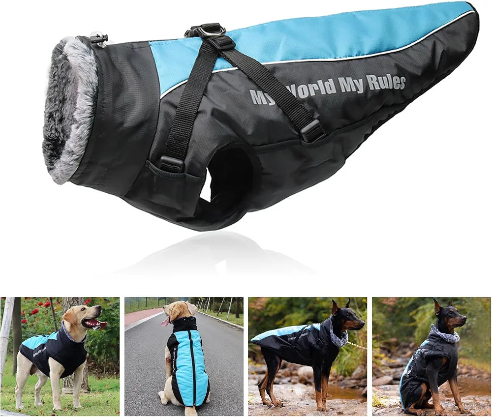 Dog Winter Coat Waterproof Pet Snow Jacket Reflective Doggy Puffer Vest with Harness Adjustable Furry Coll