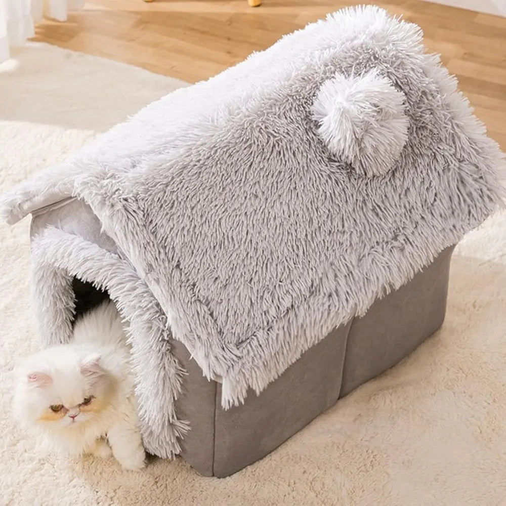 Soft Warm Fleece Enclosed Pet Bed Removable Washable Lining Hooded Cave Tent Cozy Sleeping House for Dogs and Cats