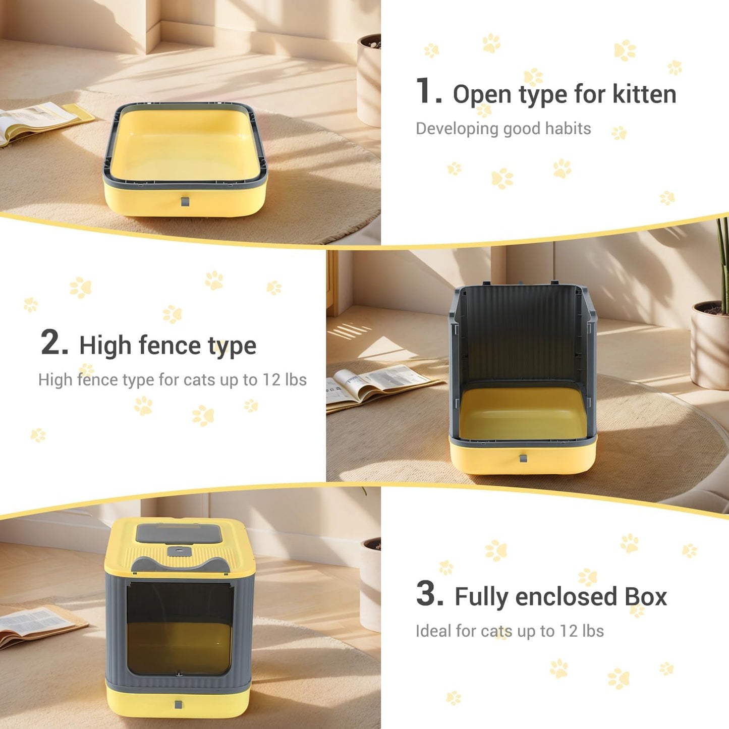 Foldable Enclosed Cat Litter Box with Lid, for Kitten to Medium, Anti-Splash, Easy Clean, Easy Install, Odor Control, 3 Modes for Kitten to Senior, Yellow&Grey