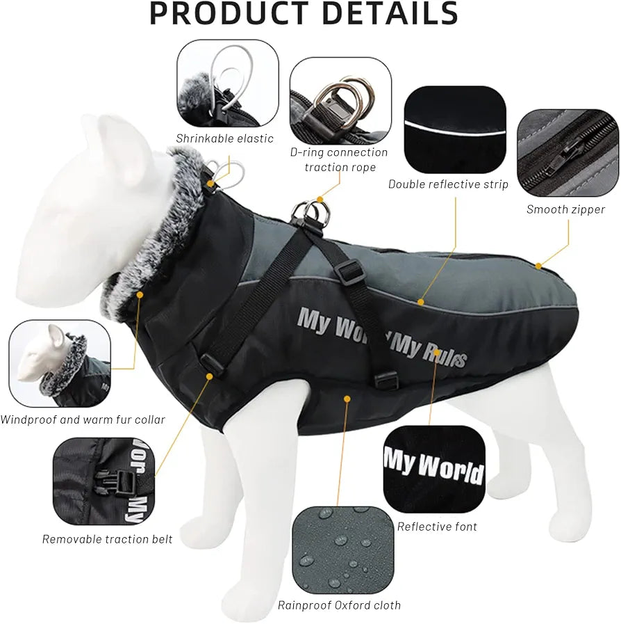 Dog waterproof Winter Jacket with Harness and Fur Collar, Winter Dog Coat