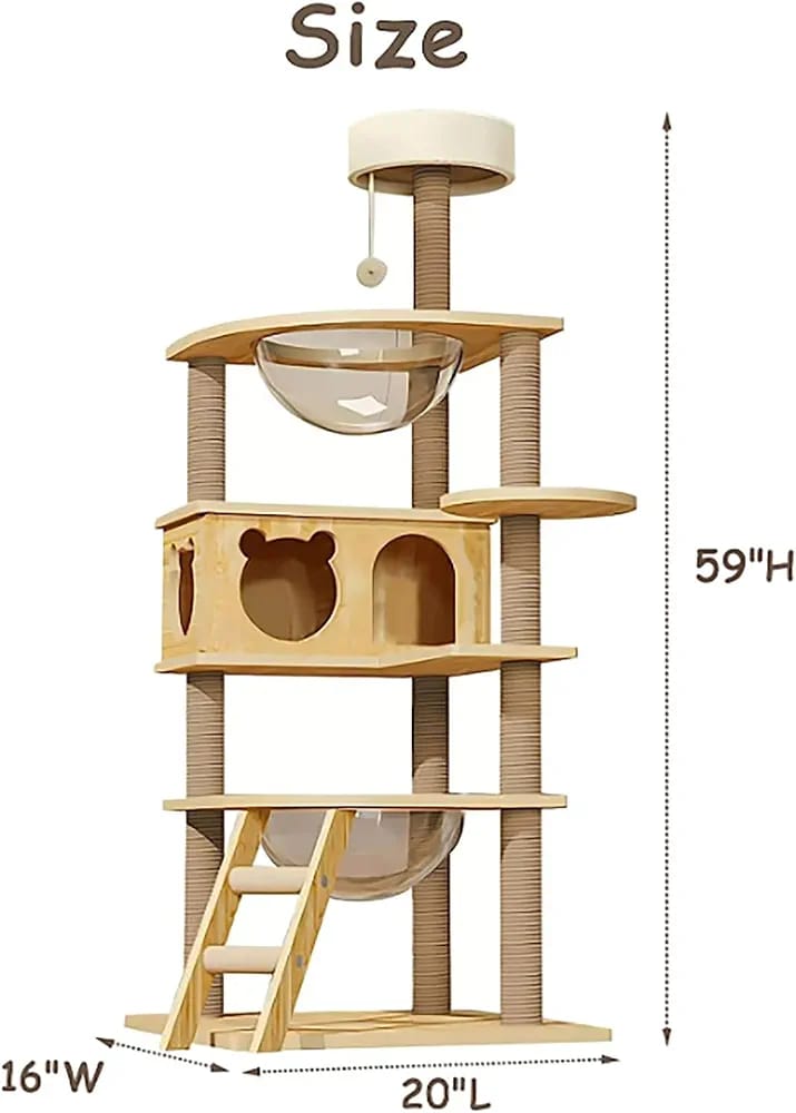Cat Tree for Indoor Cats Wood Cat Tower with Cozy Cat Condo Scratching Post Clear Bowl for Large Cat