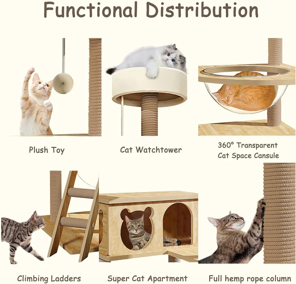 Cat Tree for Indoor Cats Wood Cat Tower with Cozy Cat Condo Scratching Post Clear Bowl for Large Cat