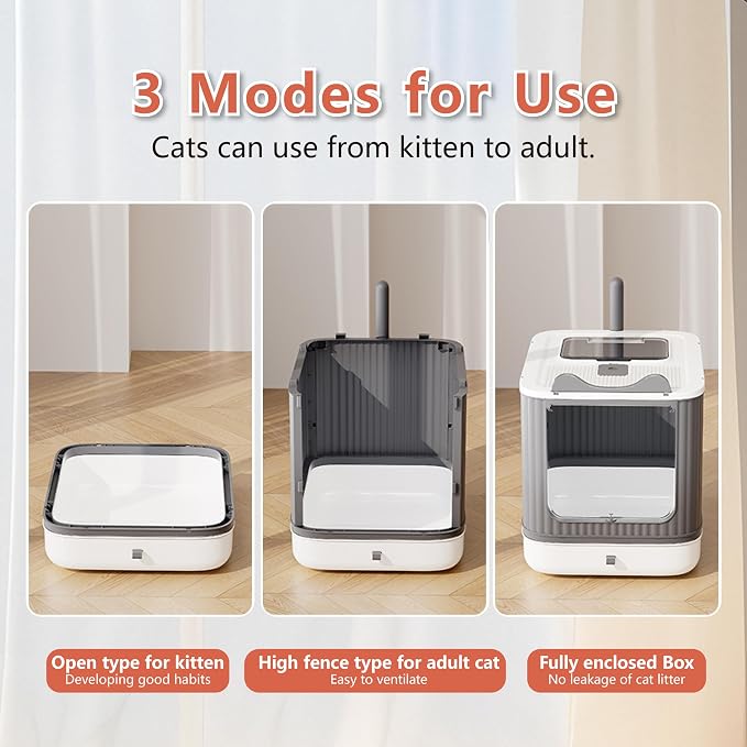 Foldable Enclosed Cat Litter Box with Lid, for Kitten to Medium, Anti-Splash, Easy Clean, Easy Install, Odor Control, 3 Modes for Kitten to Senior, Yellow&Grey