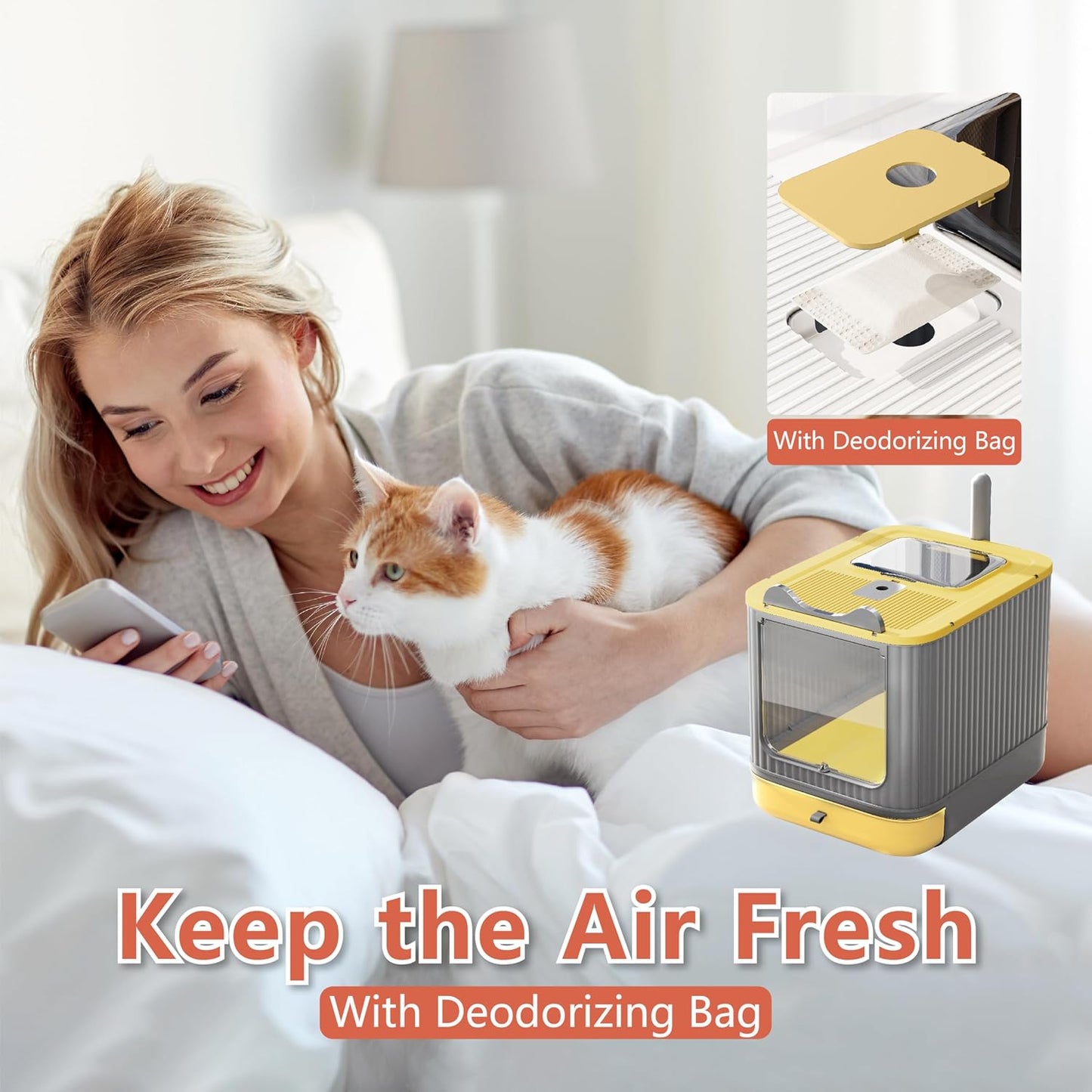 Foldable Enclosed Cat Litter Box with Lid, for Kitten to Medium, Anti-Splash, Easy Clean, Easy Install, Odor Control, 3 Modes for Kitten to Senior, Yellow&Grey