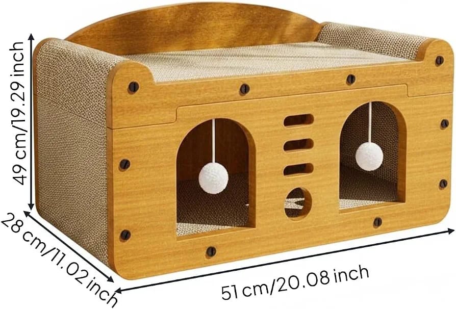 Wooden-Look Feline Scratcher House Hollow Interior Enclosed Feline Bed, 51 Double Door Sofa