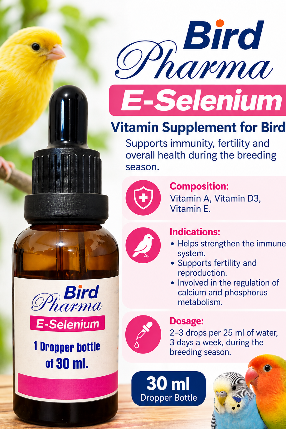 Bird Pharma E-Selenium Vitamin Supplement for Birds – 30 ml made.in holland