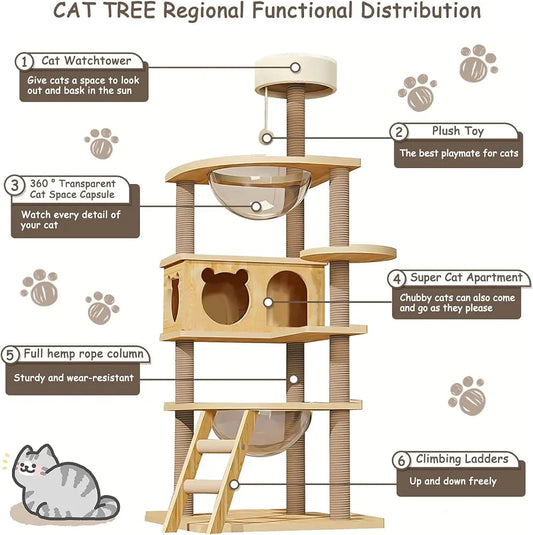 Cat Tree for Indoor Cats Wood Cat Tower with Cozy Cat Condo Scratching Post Clear Bowl for Large Cat