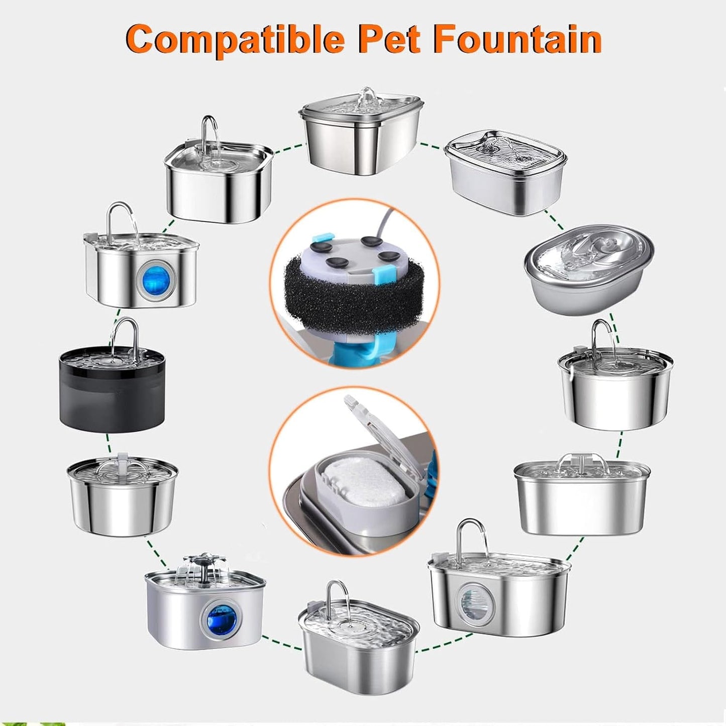 Cat Water Fountain Filters, 4 Filters+4 Sponge Replacement Filters for 108/3.2L and 67oz/2LStainless Steel Pet Water Dispenser for Dog (4 Sets