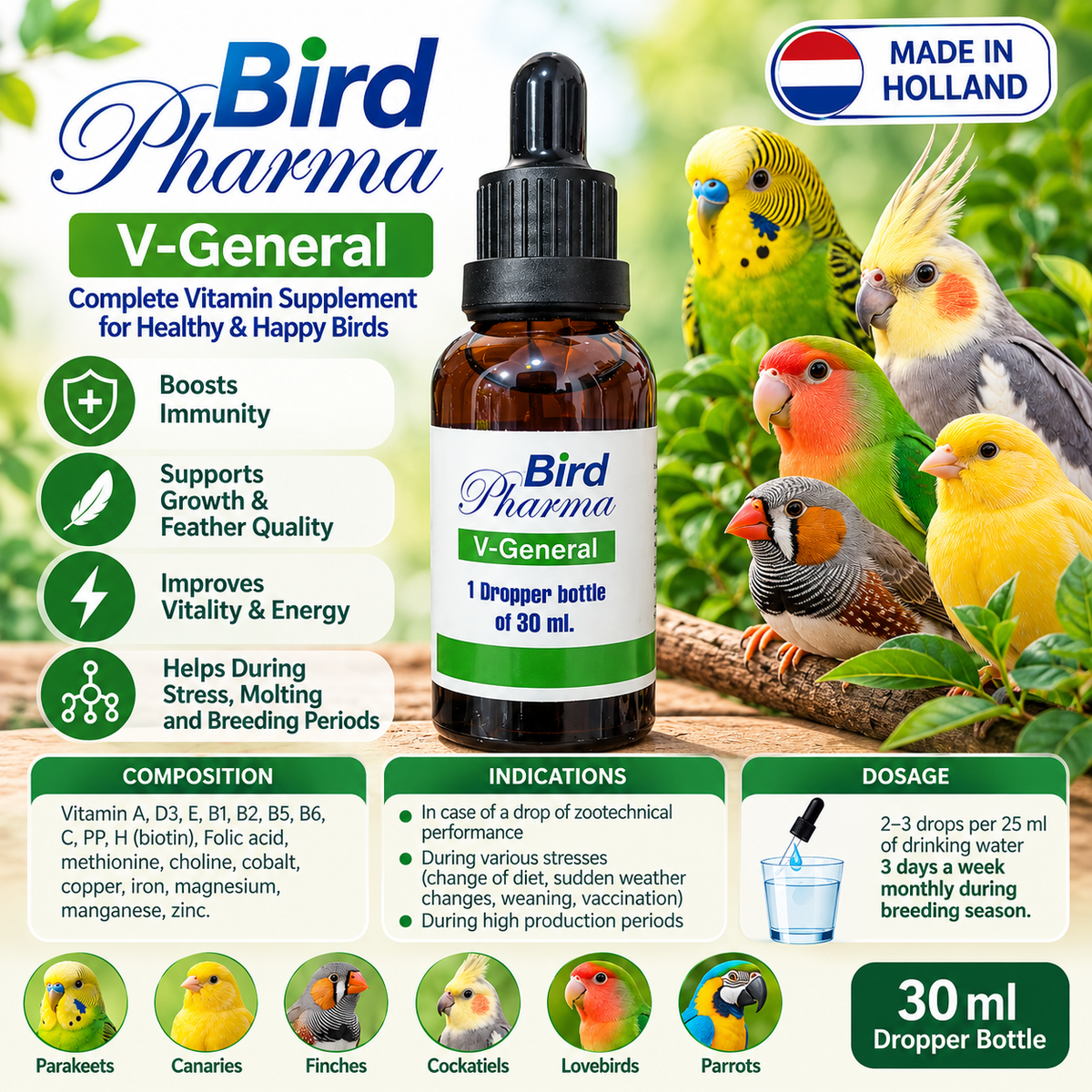 Bird Pharma V-General – 30 ml  Complete Vitamin Supplement for Birds