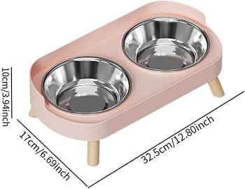 Double Bowl, Elevated Pet Food Bowl, Anti-slip, Portable with Neck Protection And Easy Cleaning for Cats And Small Dogs, Pink, Stainless Steel Bowl