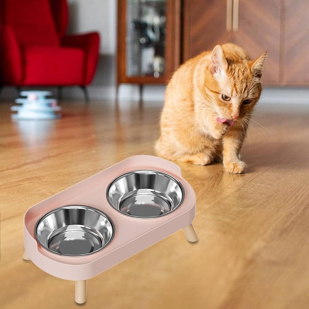 Double Bowl, Elevated Pet Food Bowl, Anti-slip, Portable with Neck Protection And Easy Cleaning for Cats And Small Dogs, Pink, Stainless Steel Bowl