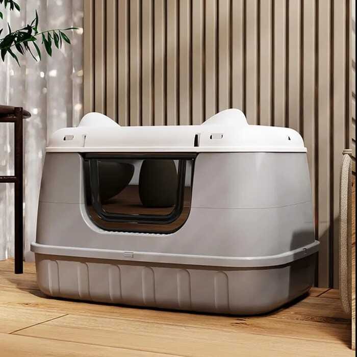 Extra large enclosed cat litter box grey color
