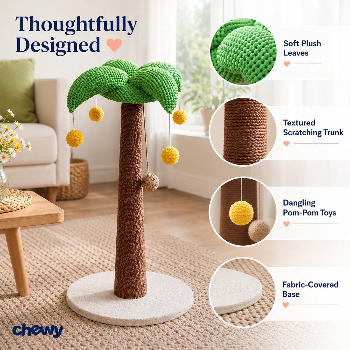 Coconut Tree 26.38-in Cat Scratching Post with Sisal Column, Durable Climbing Frame & Toy