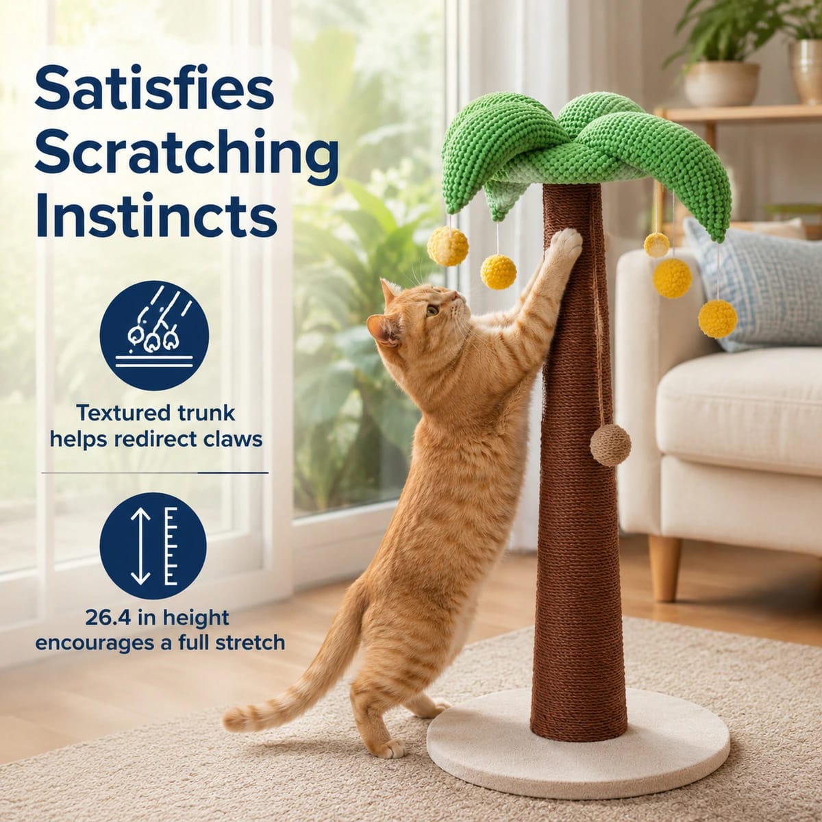 Coconut Tree 26.38-in Cat Scratching Post with Sisal Column, Durable Climbing Frame & Toy