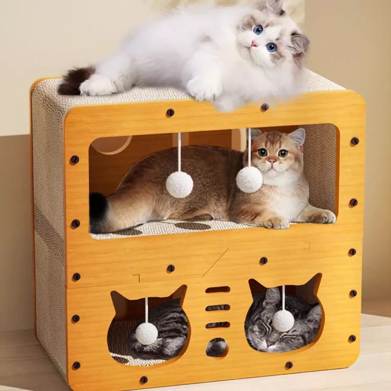 Cat Scratcher Cardboard House, 2 Floor Scratching Pad Lounger Bed for Play, Rest, Sleep,Scratch Post Box,