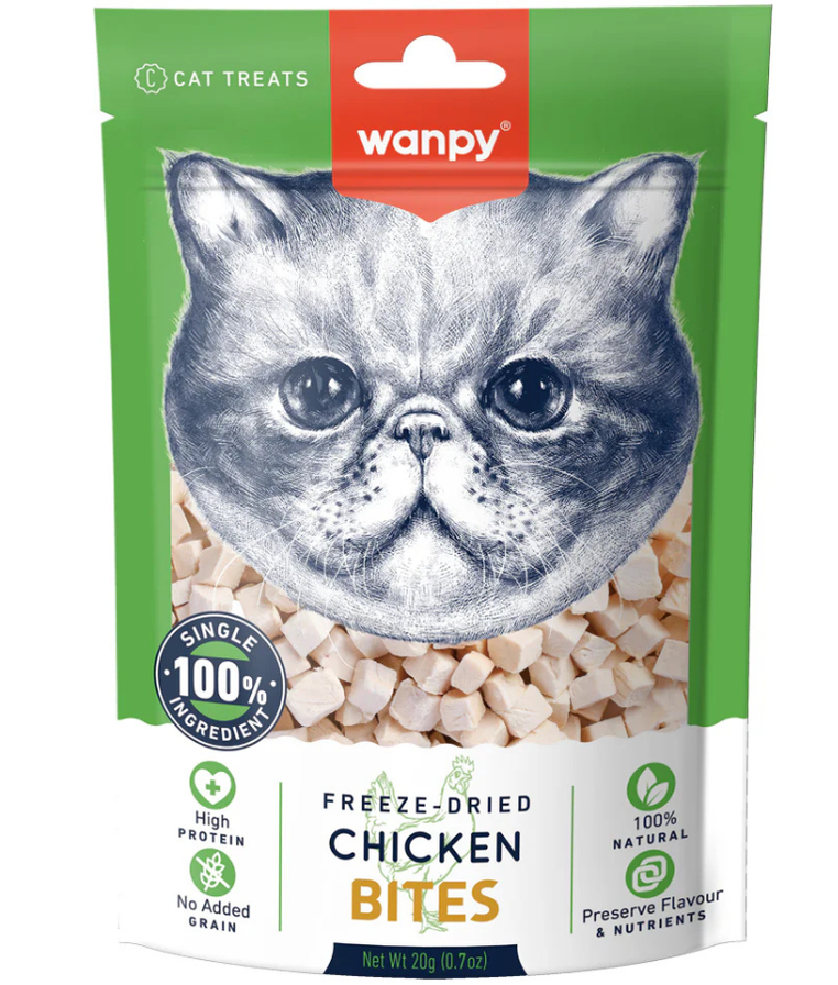 Wanpy - Freeze Dried Chicken Bites, Cat Treats, 100% Chicken, High Protein, All Life Stages - 20 g