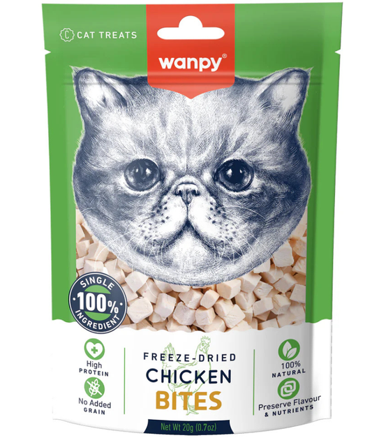 Wanpy - Freeze Dried Chicken Bites, Cat Treats, 100% Chicken, High Protein, All Life Stages - 20 g