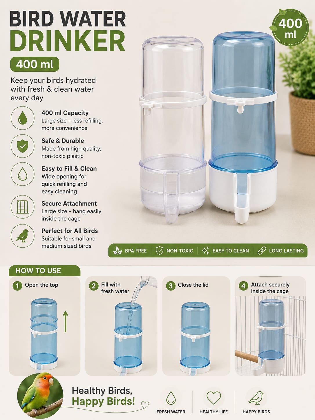 large capacity birds water drinker