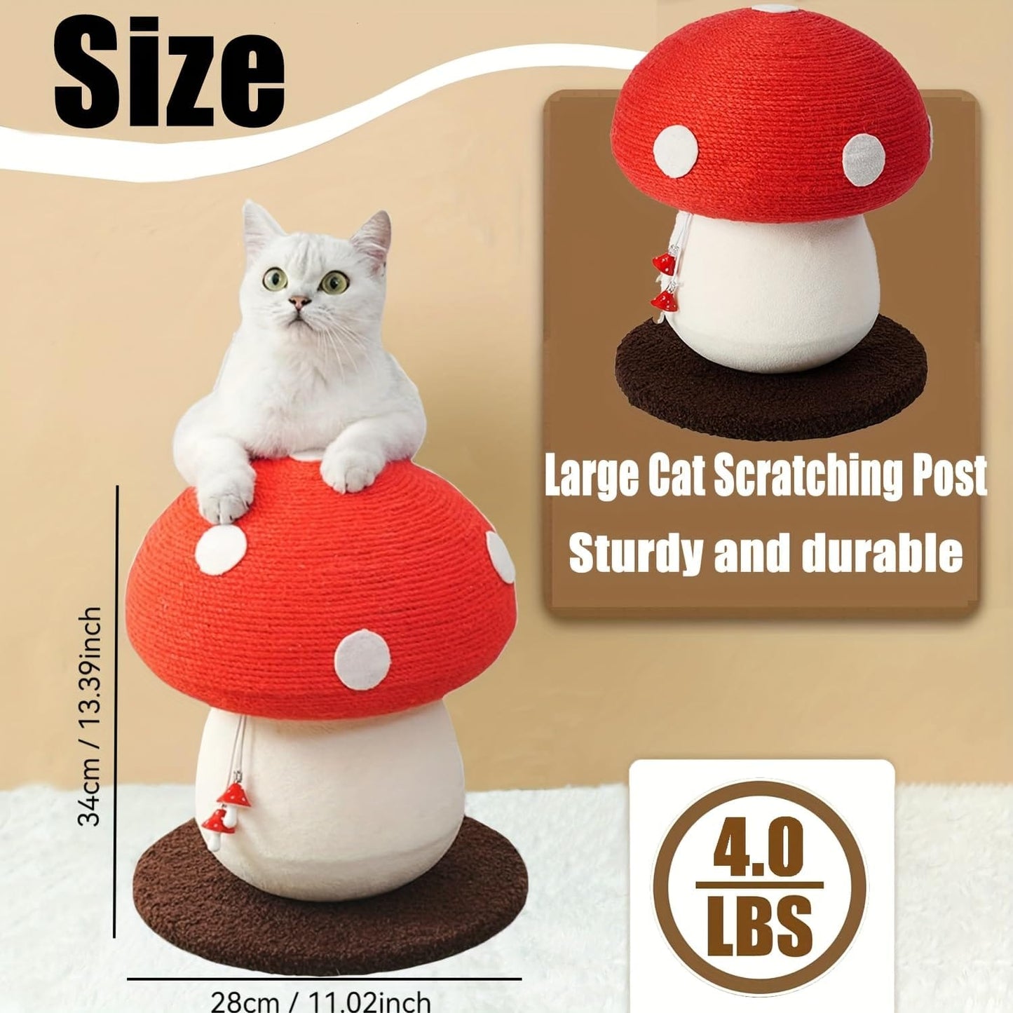 Cute Red Mushroom Design | 13.39" H x 11.02" W | Natural Sisal Rope & Soft Plush | Interactive Hanging Toy for Indoor Cats